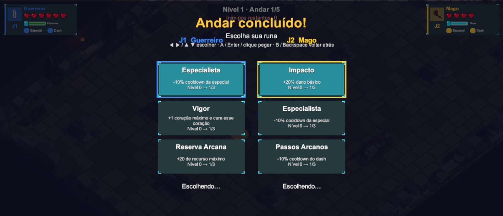 Tela de escolha de runas entre andares